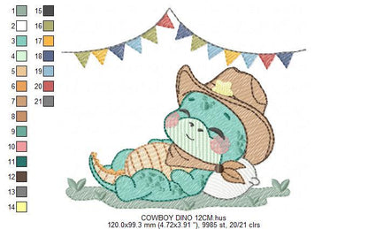 Dinosaur with cowboy hat embroidery designs - Sleeping Dino with flags machine embroidery pattern - Baby Boy file - Instant download pes jef