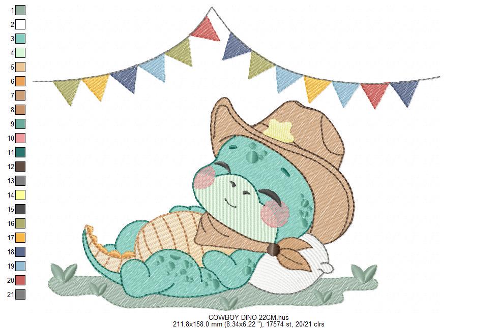 Dinosaur with cowboy hat embroidery designs - Sleeping Dino with flags machine embroidery pattern - Baby Boy file - Instant download pes jef
