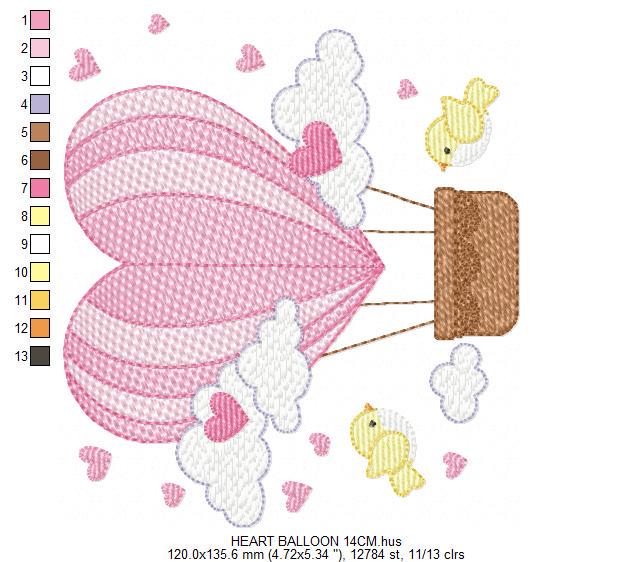 Hot air Balloon embroidery designs - Pink Balloon with birds and hearts machine embroidery pattern - Baby Girl file - instant download pes