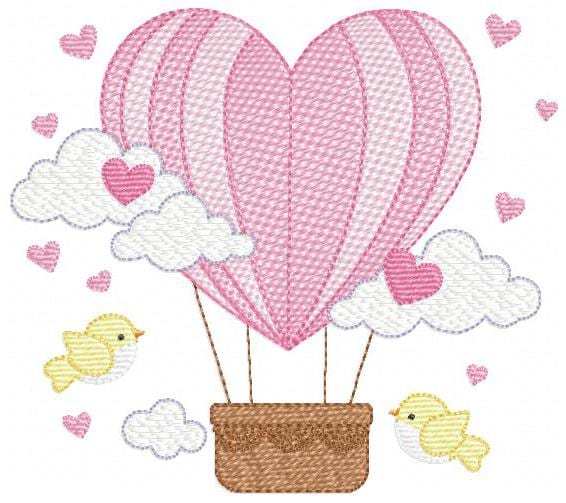 Hot air Balloon embroidery designs - Pink Balloon with birds and hearts machine embroidery pattern - Baby Girl file - instant download pes