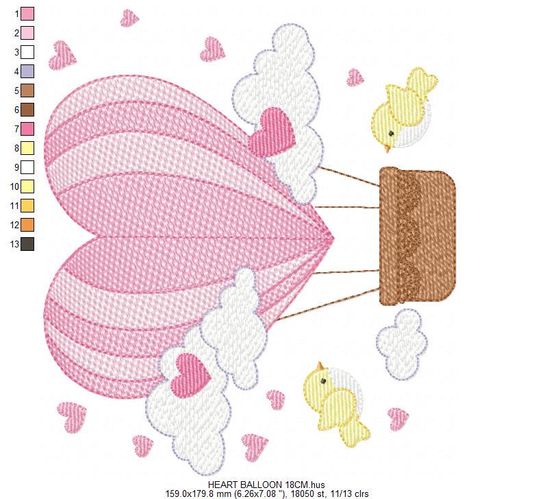 Hot air Balloon embroidery designs - Pink Balloon with birds and hearts machine embroidery pattern - Baby Girl file - instant download pes