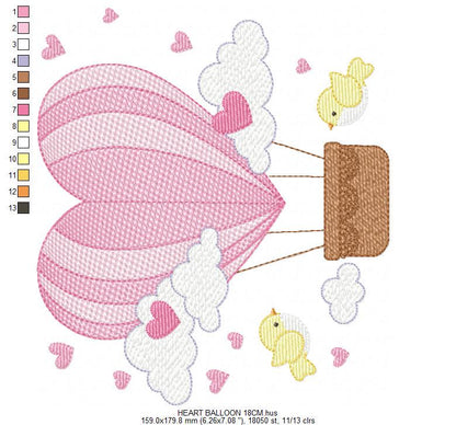 Hot air Balloon embroidery designs - Pink Balloon with birds and hearts machine embroidery pattern - Baby Girl file - instant download pes