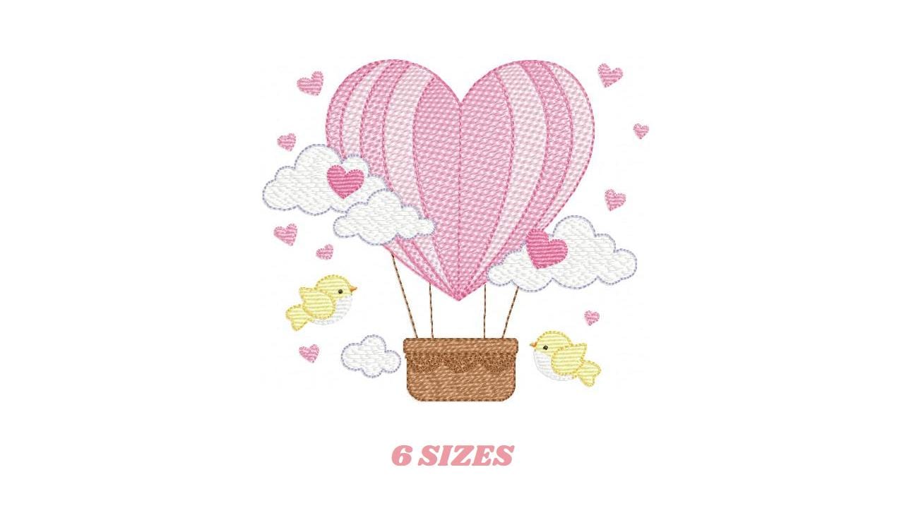 Hot air Balloon embroidery designs - Pink Balloon with birds and hearts machine embroidery pattern - Baby Girl file - instant download pes