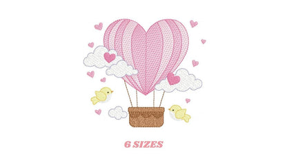 Hot air Balloon embroidery designs - Pink Balloon with birds and hearts machine embroidery pattern - Baby Girl file - instant download pes