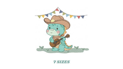 Dinosaur with cowboy hat embroidery designs - Dino with flags playing guitar machine embroidery pattern - Baby Boy file - Instant download