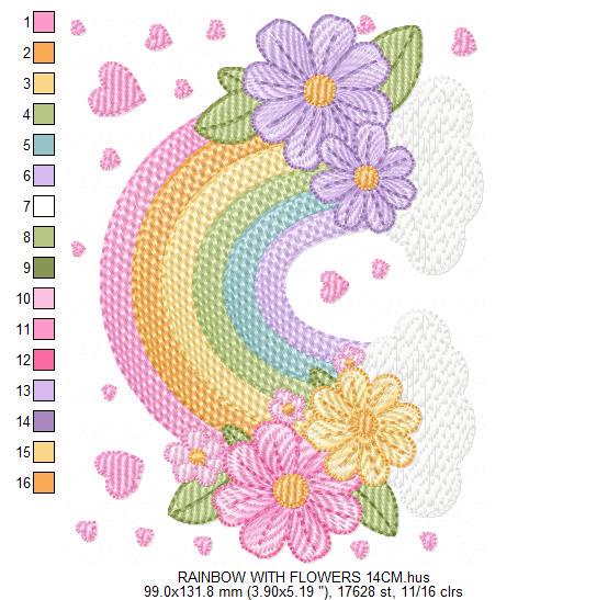 Rainbow with flowers embroidery design - Colorful Rainbow with heartS machine embroidery pattern - Instant digital download pes jef dst vp3