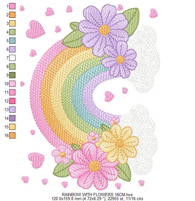 Rainbow with flowers embroidery design - Colorful Rainbow with heartS machine embroidery pattern - Instant digital download pes jef dst vp3