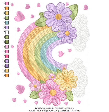 Rainbow with flowers embroidery design - Colorful Rainbow with heartS machine embroidery pattern - Instant digital download pes jef dst vp3