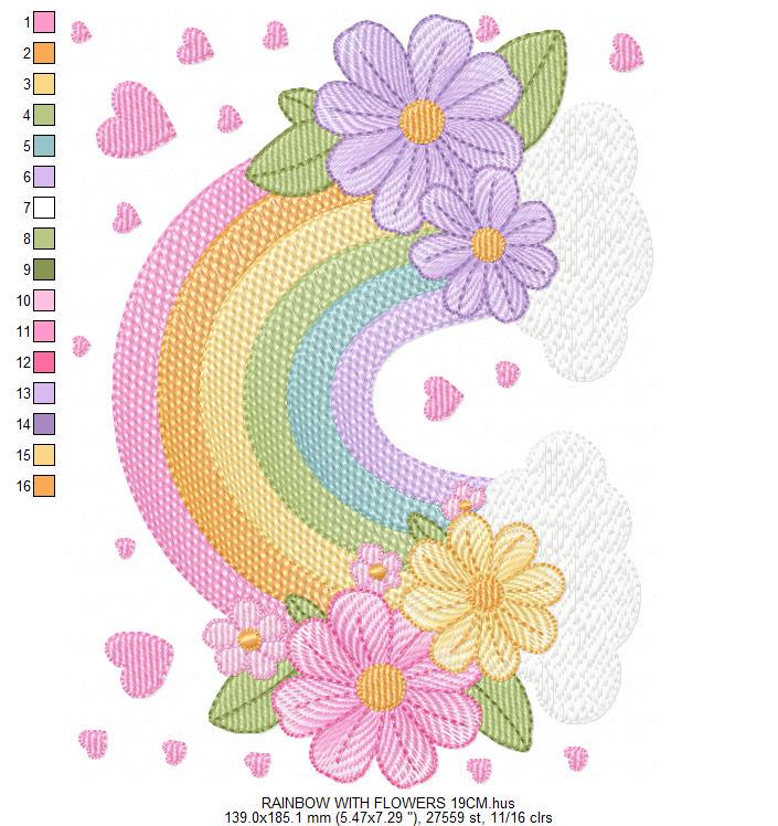 Rainbow with flowers embroidery design - Colorful Rainbow with heartS machine embroidery pattern - Instant digital download pes jef dst vp3