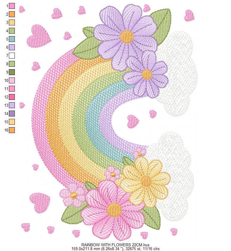 Rainbow with flowers embroidery design - Colorful Rainbow with heartS machine embroidery pattern - Instant digital download pes jef dst vp3