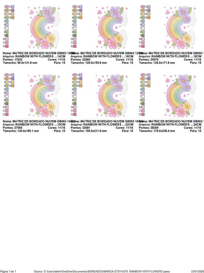 Rainbow with flowers embroidery design - Colorful Rainbow with heartS machine embroidery pattern - Instant digital download pes jef dst vp3
