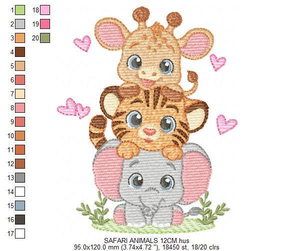 Safari animals embroidery designs - Elephant machine embroidery pattern - Baby girl and boy -Giraffe and Tiger - Instant digital download