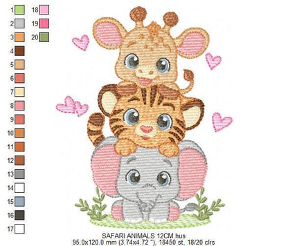 Safari animals embroidery designs - Elephant machine embroidery pattern - Baby girl and boy -Giraffe and Tiger - Instant digital download