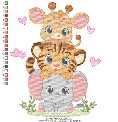 Safari animals embroidery designs - Elephant machine embroidery pattern - Baby girl and boy -Giraffe and Tiger - Instant digital download