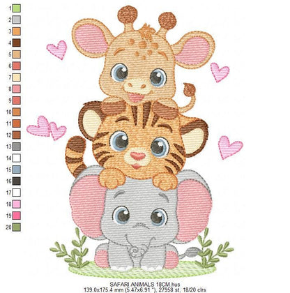 Safari animals embroidery designs - Elephant machine embroidery pattern - Baby girl and boy -Giraffe and Tiger - Instant digital download