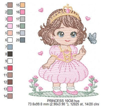 Princess with flowers embroidery designs - Baby girl with crown and hearts machine embroidery pattern - Instant digital download pes dst jef
