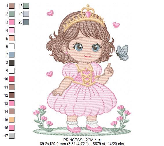 Princess with flowers embroidery designs - Baby girl with crown and hearts machine embroidery pattern - Instant digital download pes dst jef
