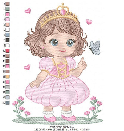 Princess with flowers embroidery designs - Baby girl with crown and hearts machine embroidery pattern - Instant digital download pes dst jef