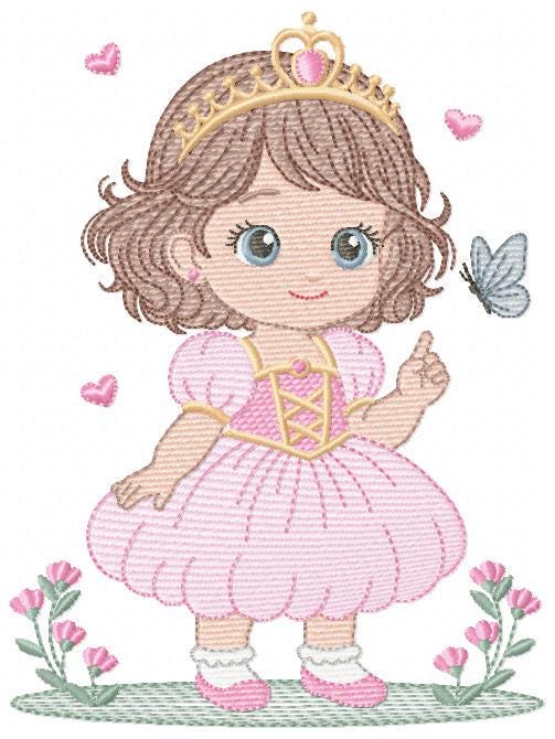 Princess with flowers embroidery designs - Baby girl with crown and hearts machine embroidery pattern - Instant digital download pes dst jef