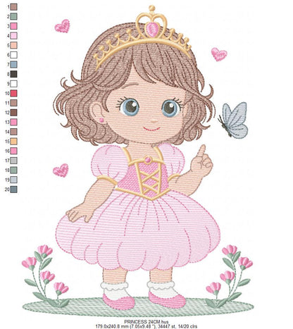 Princess with flowers embroidery designs - Baby girl with crown and hearts machine embroidery pattern - Instant digital download pes dst jef