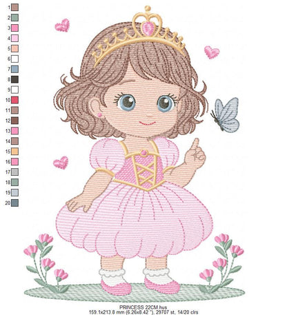 Princess with flowers embroidery designs - Baby girl with crown and hearts machine embroidery pattern - Instant digital download pes dst jef