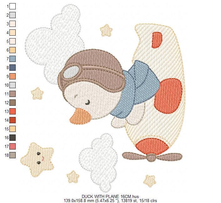 Pilot Duck with plane embroidery design - Aviator animal with airplane machine embroidery pattern - Baby boy file - Instant download pes jef
