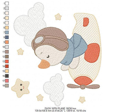Pilot Duck with plane embroidery design - Aviator animal with airplane machine embroidery pattern - Baby boy file - Instant download pes jef