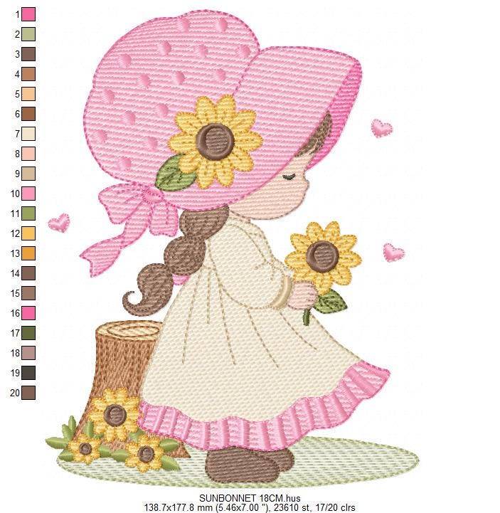 Baby girl with sunflowers embroidery designs - Princess with flowers and braids machine embroidery pattern - Instant digital download pes