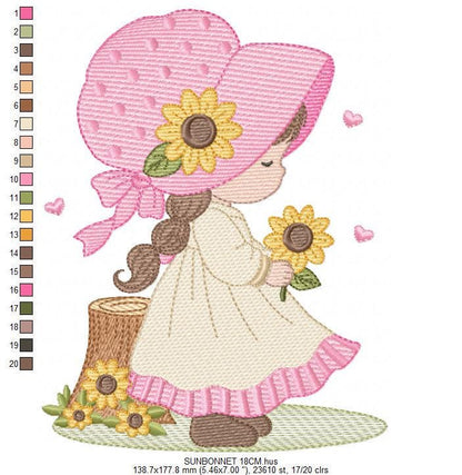 Baby girl with sunflowers embroidery designs - Princess with flowers and braids machine embroidery pattern - Instant digital download pes