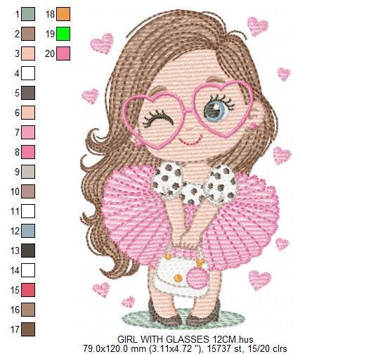 Long hair girl with glasses embroidery designs - Princess machine embroidery pattern - Baby Girl file - Instant digital download pes jef dst