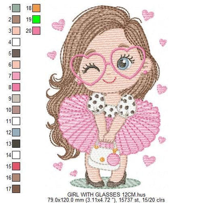 Long hair girl with glasses embroidery designs - Princess machine embroidery pattern - Baby Girl file - Instant digital download pes jef dst