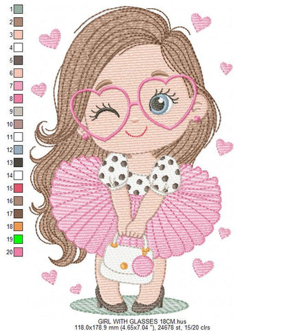 Long hair girl with glasses embroidery designs - Princess machine embroidery pattern - Baby Girl file - Instant digital download pes jef dst
