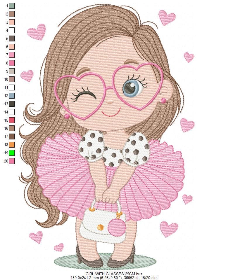 Long hair girl with glasses embroidery designs - Princess machine embroidery pattern - Baby Girl file - Instant digital download pes jef dst