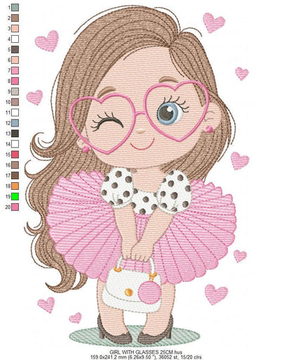 Long hair girl with glasses embroidery designs - Princess machine embroidery pattern - Baby Girl file - Instant digital download pes jef dst