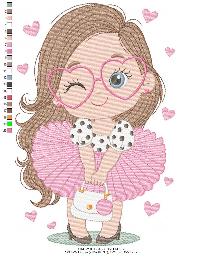 Long hair girl with glasses embroidery designs - Princess machine embroidery pattern - Baby Girl file - Instant digital download pes jef dst