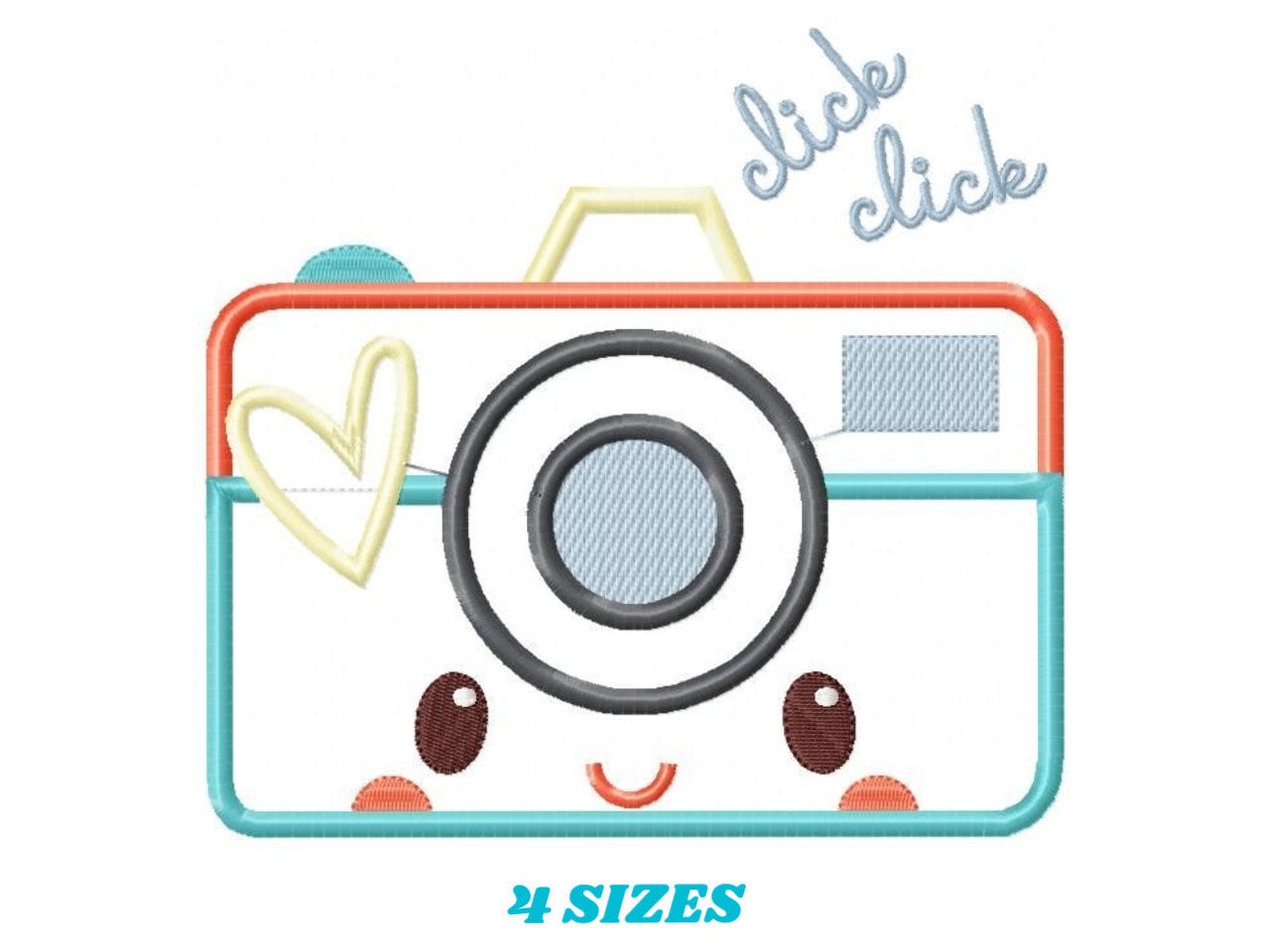 May include: A cartoon camera design with a smiling face, a heart, and the words "click click." The camera is outlined in red, blue, and yellow, with a white background. The text "4 SIZES" is at the bottom.