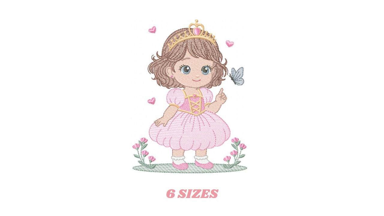 Princess with flowers embroidery designs - Baby girl with crown and hearts machine embroidery pattern - Instant digital download pes dst jef