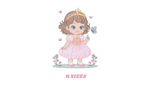 Princess with flowers embroidery designs - Baby girl with crown and hearts machine embroidery pattern - Instant digital download pes dst jef