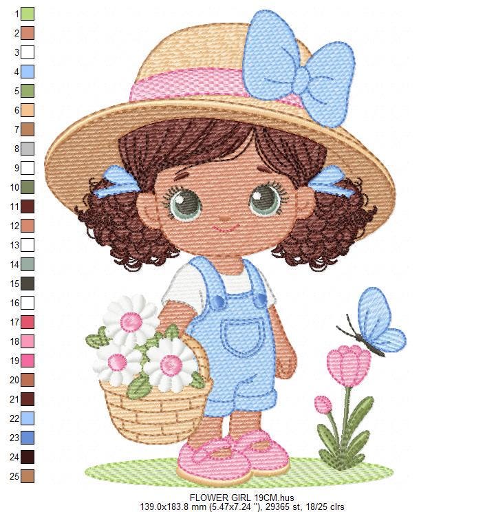 Girl Farmer embroidery designs - Farmer with straw hat daisies machine embroidery pattern - Girl with black curly hair - Instant download