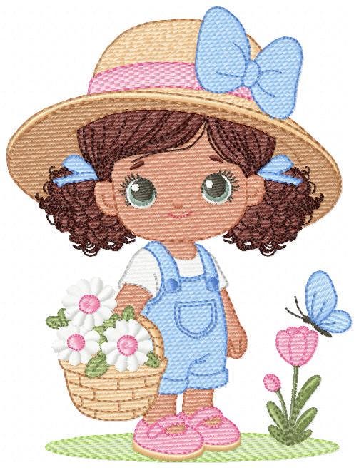 Girl Farmer embroidery designs - Farmer with straw hat daisies machine embroidery pattern - Girl with black curly hair - Instant download