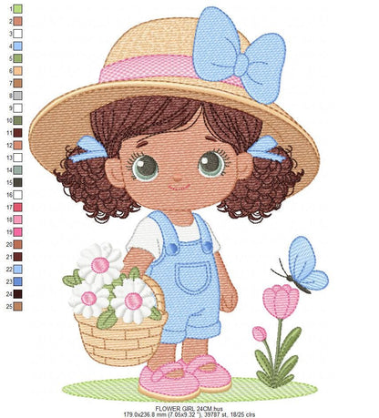 Girl Farmer embroidery designs - Farmer with straw hat daisies machine embroidery pattern - Girl with black curly hair - Instant download