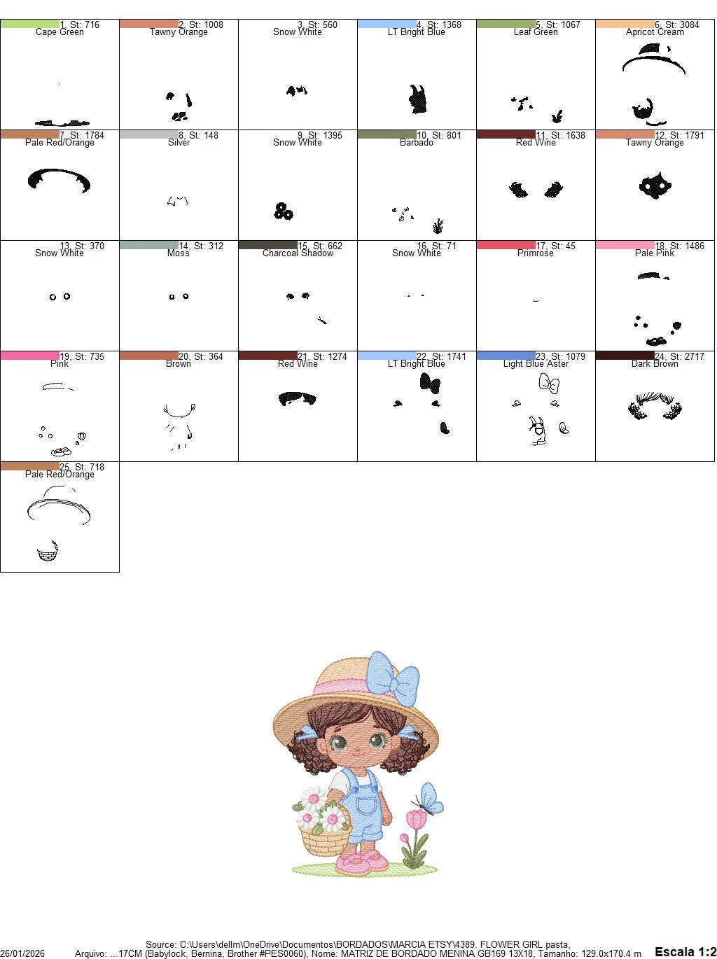 Girl Farmer embroidery designs - Farmer with straw hat daisies machine embroidery pattern - Girl with black curly hair - Instant download
