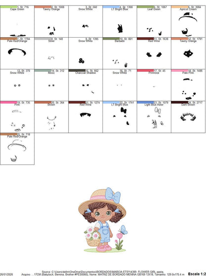 Girl Farmer embroidery designs - Farmer with straw hat daisies machine embroidery pattern - Girl with black curly hair - Instant download