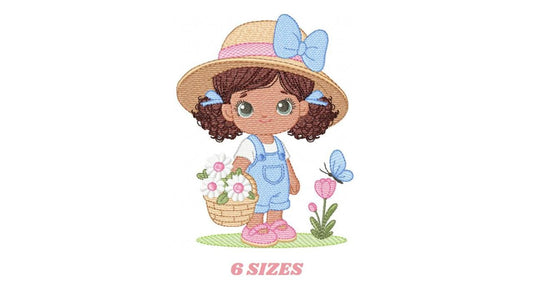 Girl Farmer embroidery designs - Farmer with straw hat daisies machine embroidery pattern - Girl with black curly hair - Instant download