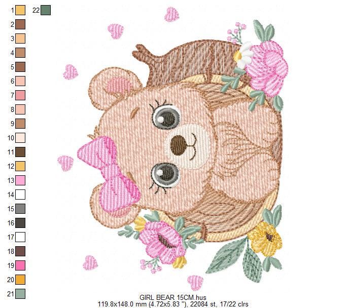 Bear embroidery designs - Baby Girl Bear machine embroidery pattern - Cute Bear with tree trunk file - Instant digital download pes jef dst