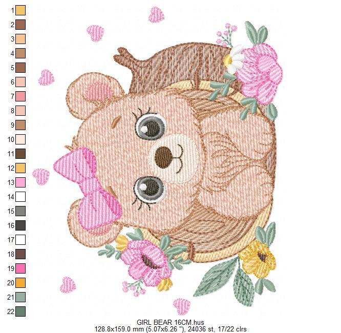 Bear embroidery designs - Baby Girl Bear machine embroidery pattern - Cute Bear with tree trunk file - Instant digital download pes jef dst