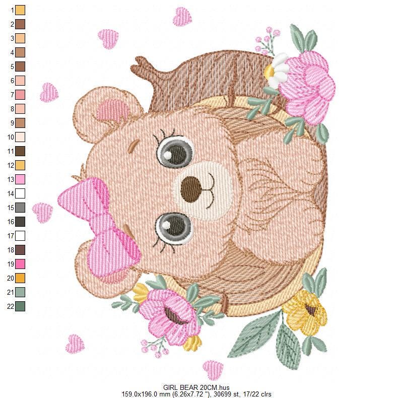 Bear embroidery designs - Baby Girl Bear machine embroidery pattern - Cute Bear with tree trunk file - Instant digital download pes jef dst