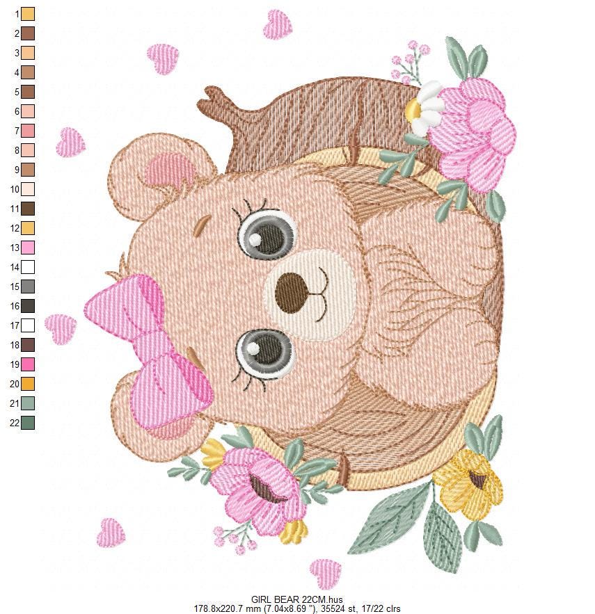 Bear embroidery designs - Baby Girl Bear machine embroidery pattern - Cute Bear with tree trunk file - Instant digital download pes jef dst