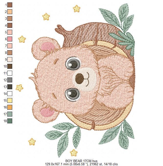 Bear embroidery designs - Baby Boy Bear machine embroidery pattern - Cute Bear with tree trunk file - Instant digital download pes jef dst