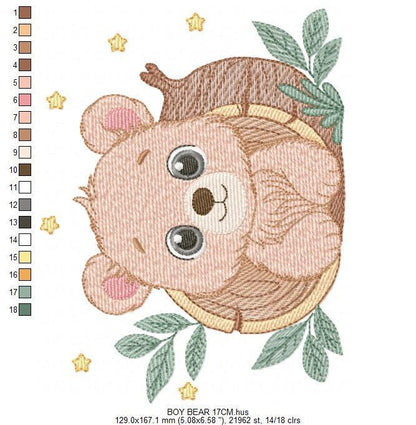 Bear embroidery designs - Baby Boy Bear machine embroidery pattern - Cute Bear with tree trunk file - Instant digital download pes jef dst
